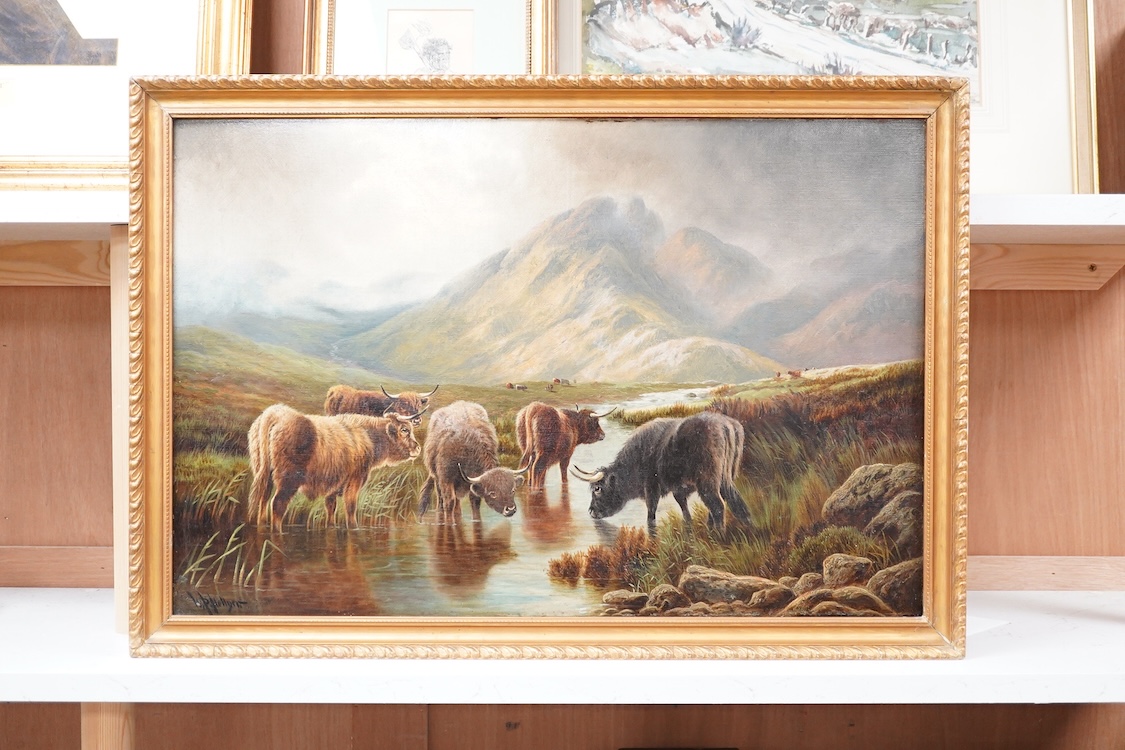 William Perring Hollyer (1834-1922), Highland cattle grazing before mountains, signed, oil on canvas, 40 x 59cm
